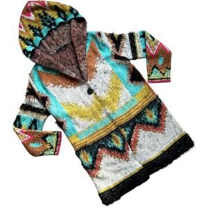 Max Sport Womens Cardigan Sweater Multicolor Southwestern Hooded Button Knit S